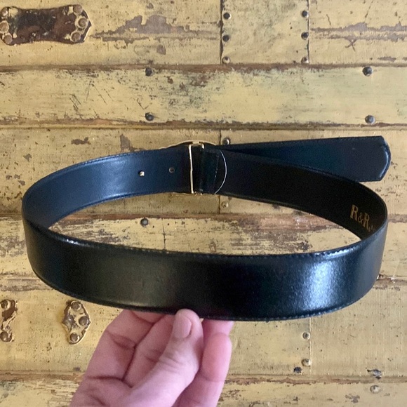 VINTAGE R&R BLACK LEATHER BELT GOLD HARDWARE BUCKLE LEATHER BELT S - Picture 6 of 16